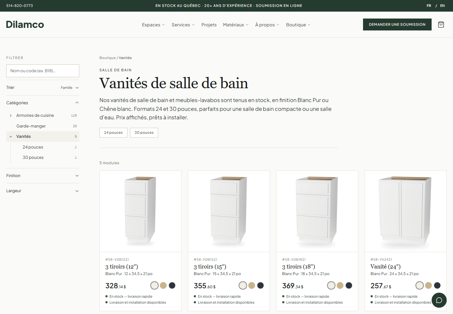 Catalogue en ligne Dilamco avec filtres et rendus 3D de vanités de salle de bain