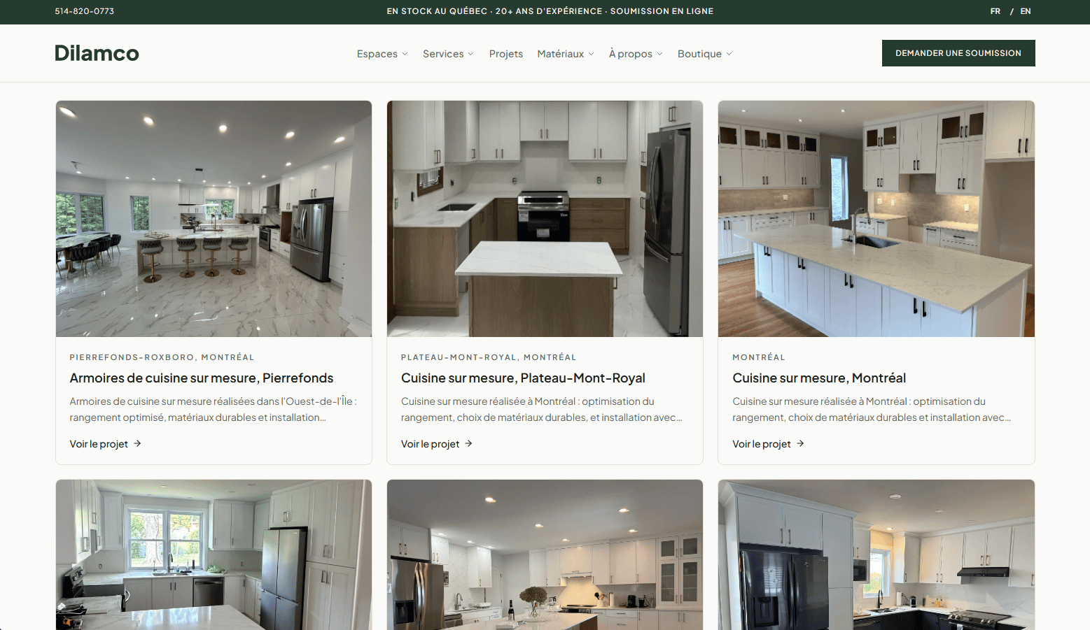 Page des réalisations Dilamco présentant des cuisines, vanités, rangements et projets commerciaux sur mesure