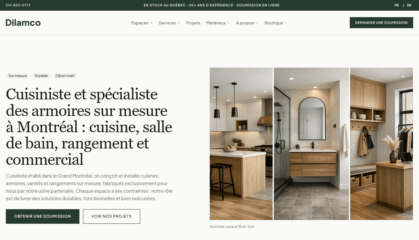 Nouvelle page d’accueil de Dilamco présentant ses cuisines, armoires, vanités et rangements sur mesure