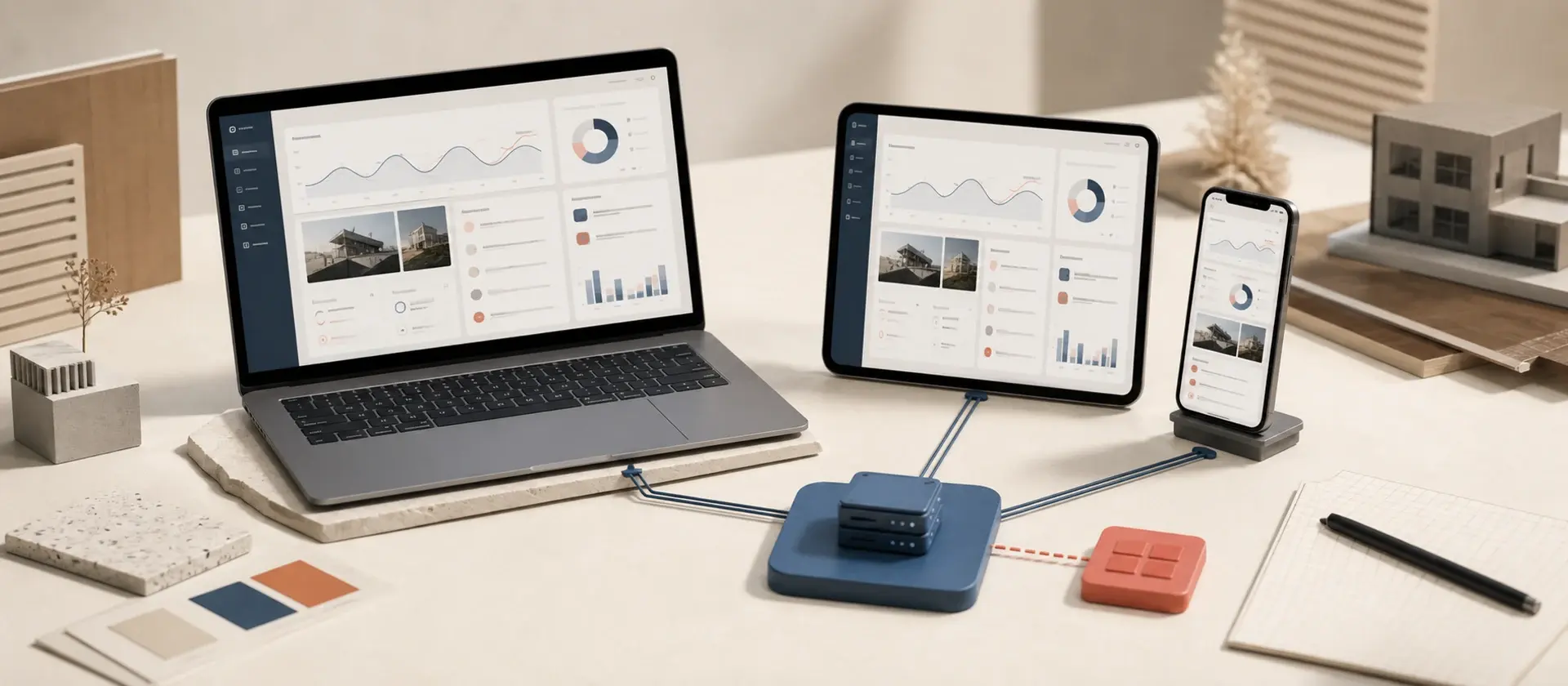 Une même application de gestion adaptée à un ordinateur, une tablette et un téléphone reliés à un système central