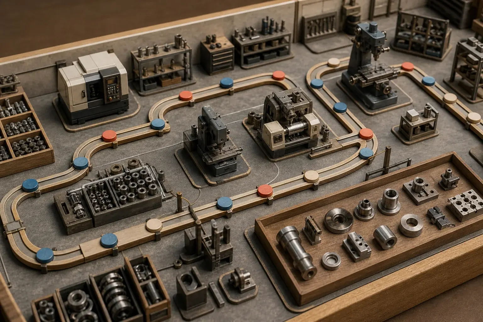 Atelier d'usinage miniature dont les travaux circulent entre plusieurs machines