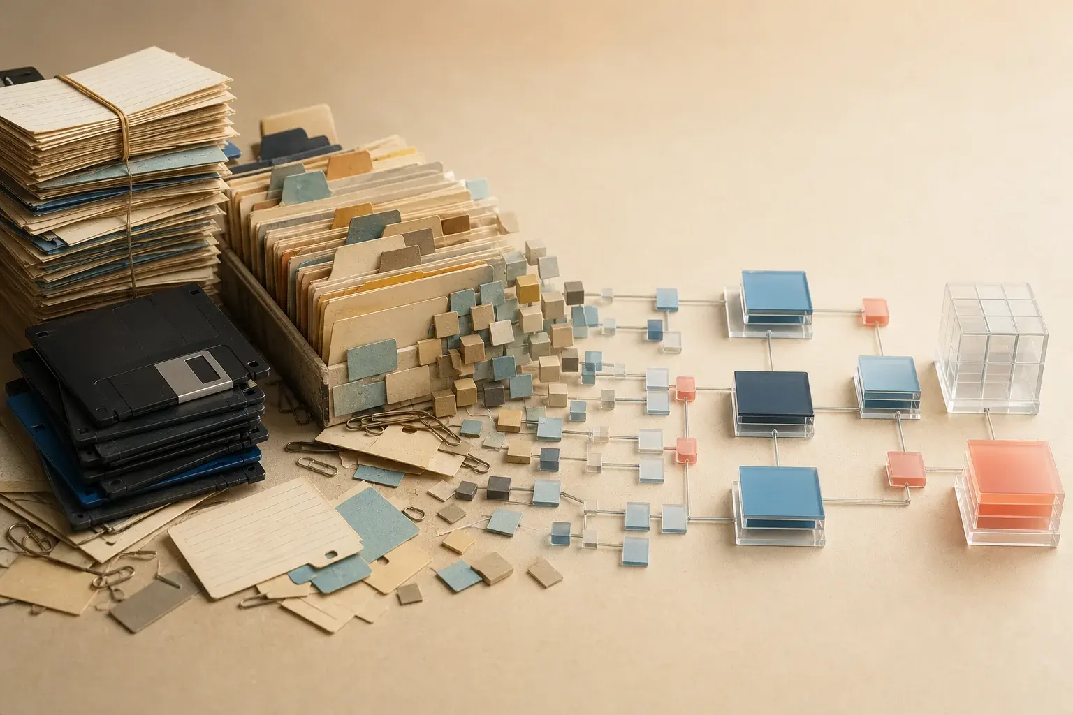 Archives et disquettes se transformant en structure de données moderne et organisée
