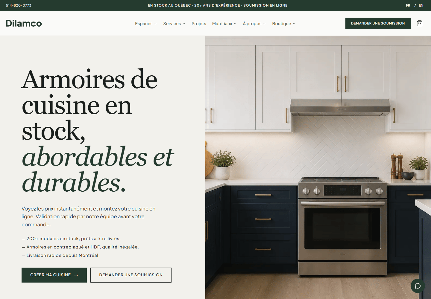 Boutique en ligne Dilamco développée par DevActif avec Next.js, affichant le catalogue d'armoires généré automatiquement