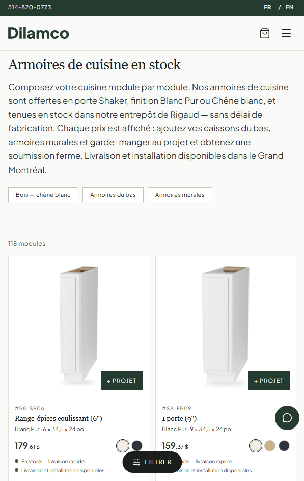 Catalogue Dilamco de vanités de salle de bain avec filtres, prix, dimensions et rendus 3D uniformes