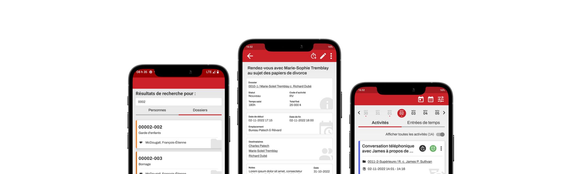 Trois écrans de l’application mobile JurisÉvolution présentant la recherche de dossiers, un rendez-vous et le calendrier d’activités
