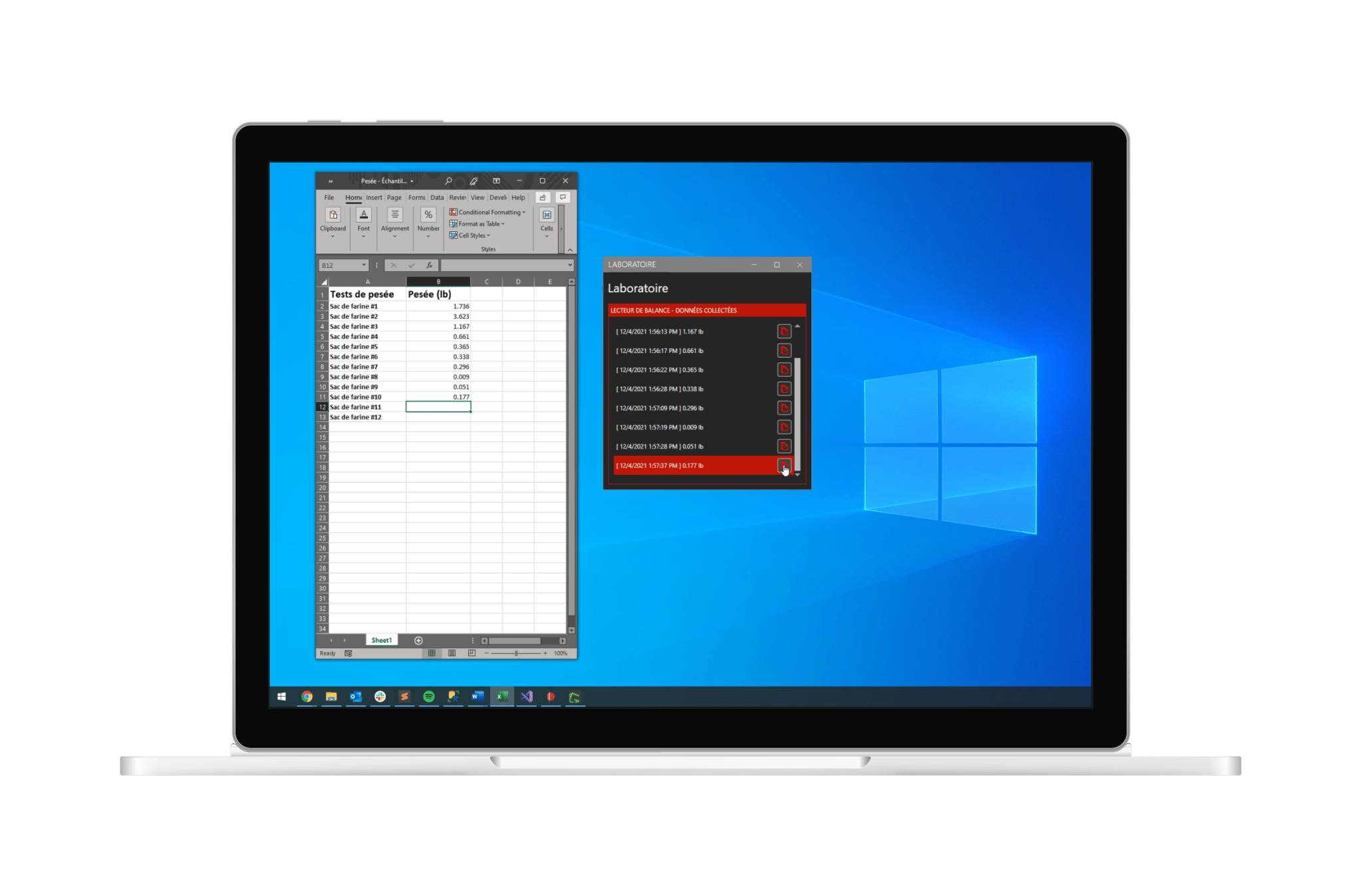 Logiciel Windows connecté à une balance industrielle