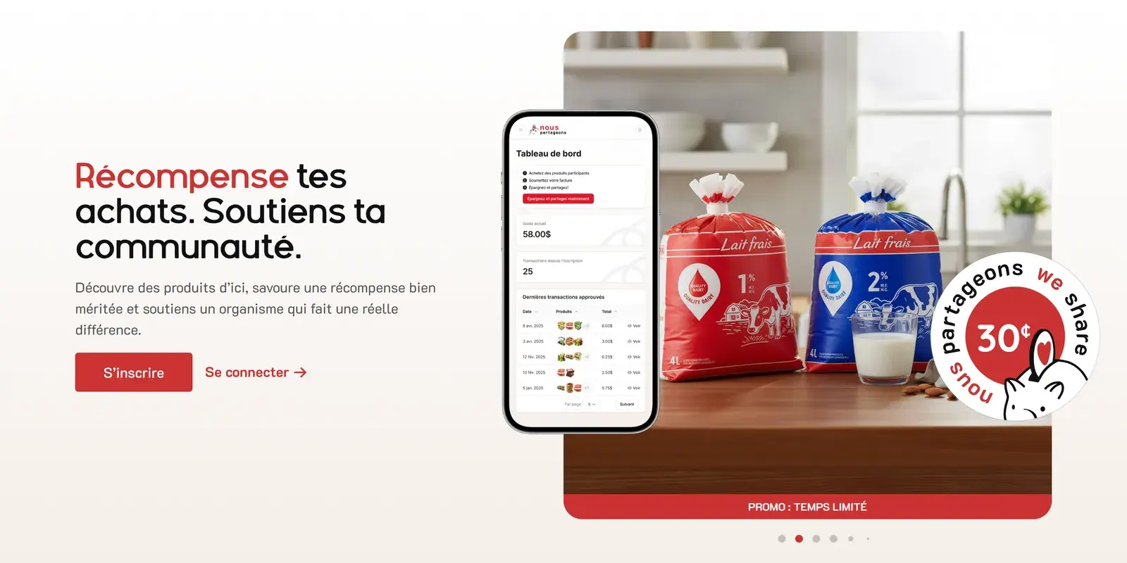 Page d'accueil du site vitrine Nous Partageons : « Récompense tes achats. Soutiens ta communauté. » avec appel à l'inscription