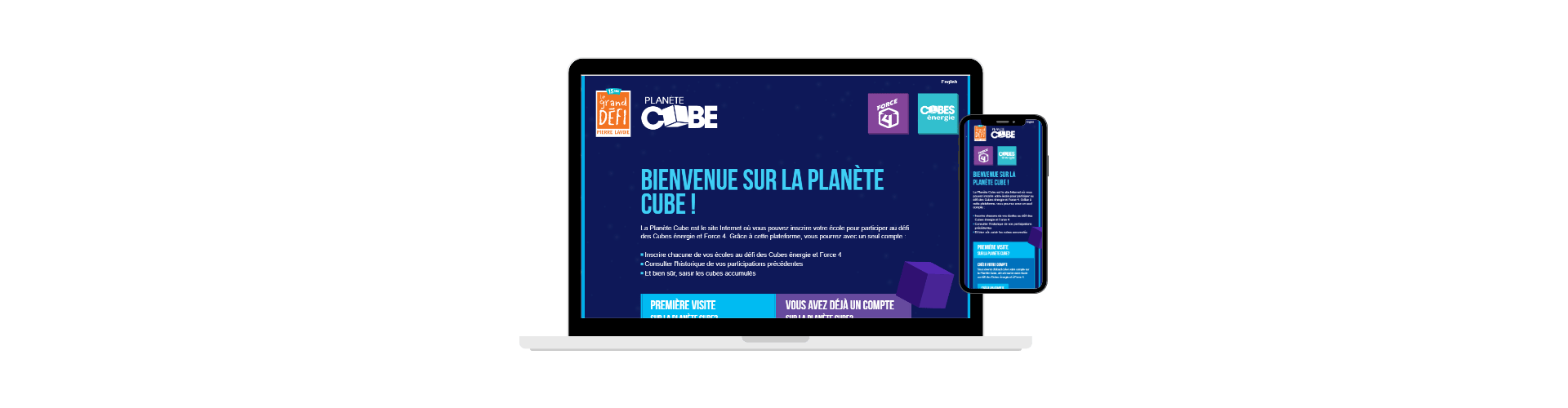 Planète Cube affichée sur un ordinateur portable et un téléphone