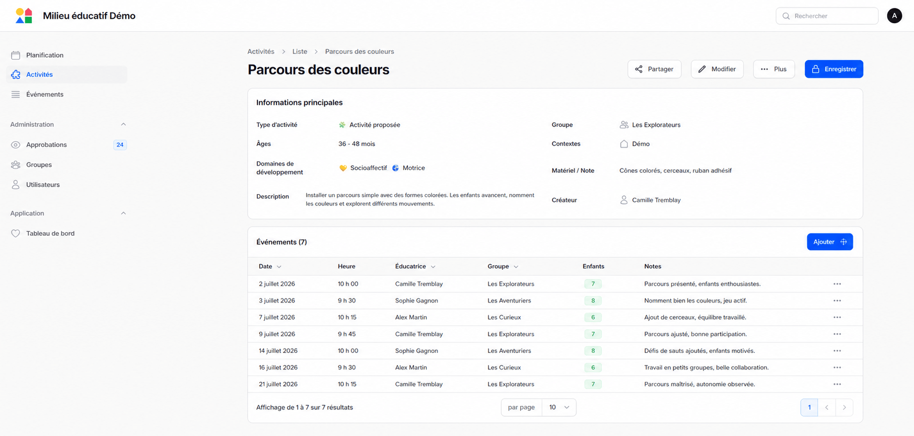 Plateforme de planification pédagogique pour services de garde