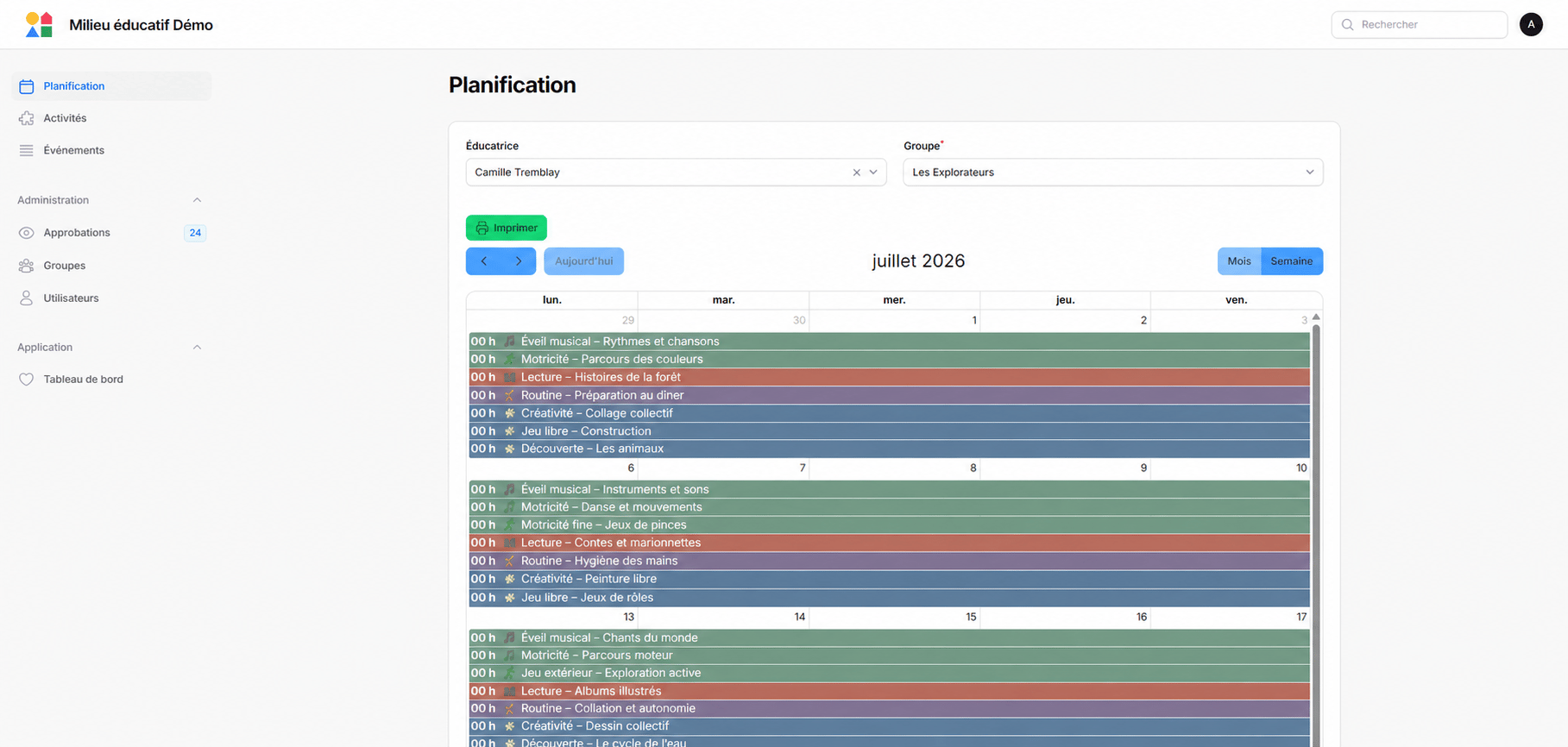 Calendrier anonymisé d’une plateforme de planification pédagogique