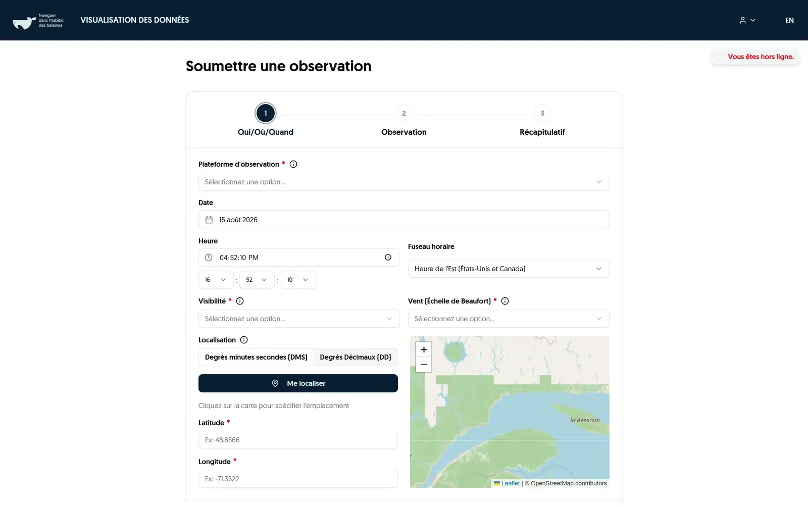Formulaire de saisie de Vigie marine entièrement affiché alors que l'appareil n'a aucune connexion : la mention « Vous êtes hors ligne » apparaît en rouge et la carte reste visible