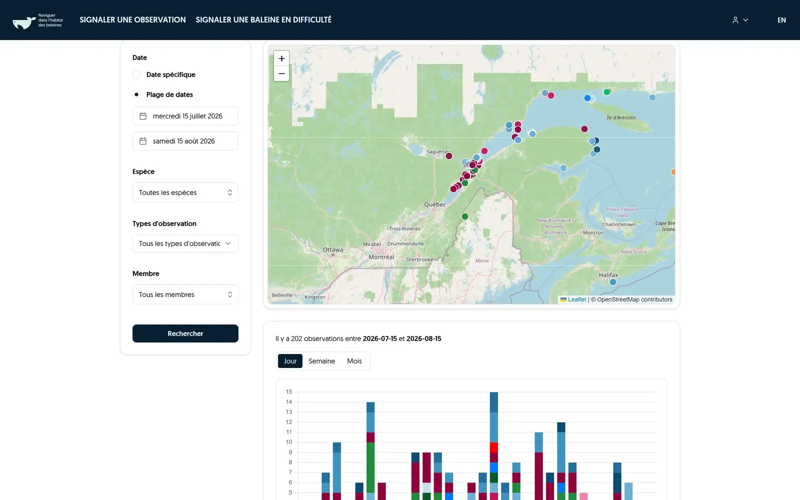 Outil de visualisation des observations de mammifères marins de Vigie marine, développé en Vue.js par DevActif