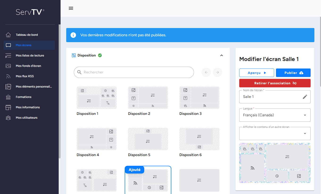 Interface de gestion des écrans et des dispositions de la plateforme ServTV