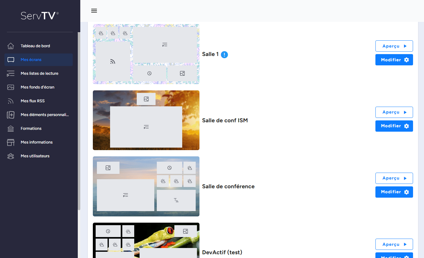 Interface de gestion des écrans de ServTV, application Vue.js développée par DevActif