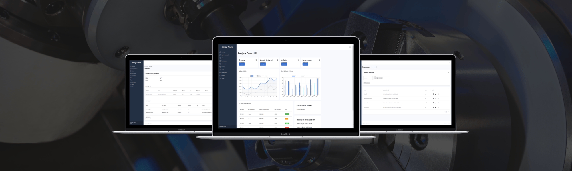 Le nouvel ERP sur mesure d'Usinage Vincent affiché sur trois portables, devant les machines-outils de l'atelier