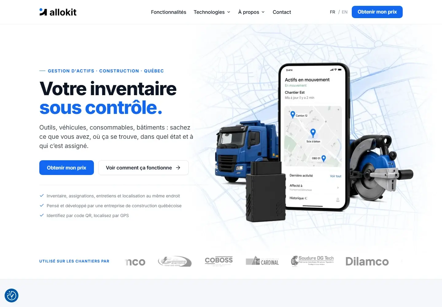 Accueil d’allokit.com : présentation de l’inventaire et des appareils de suivi, avec appel à demander un prix