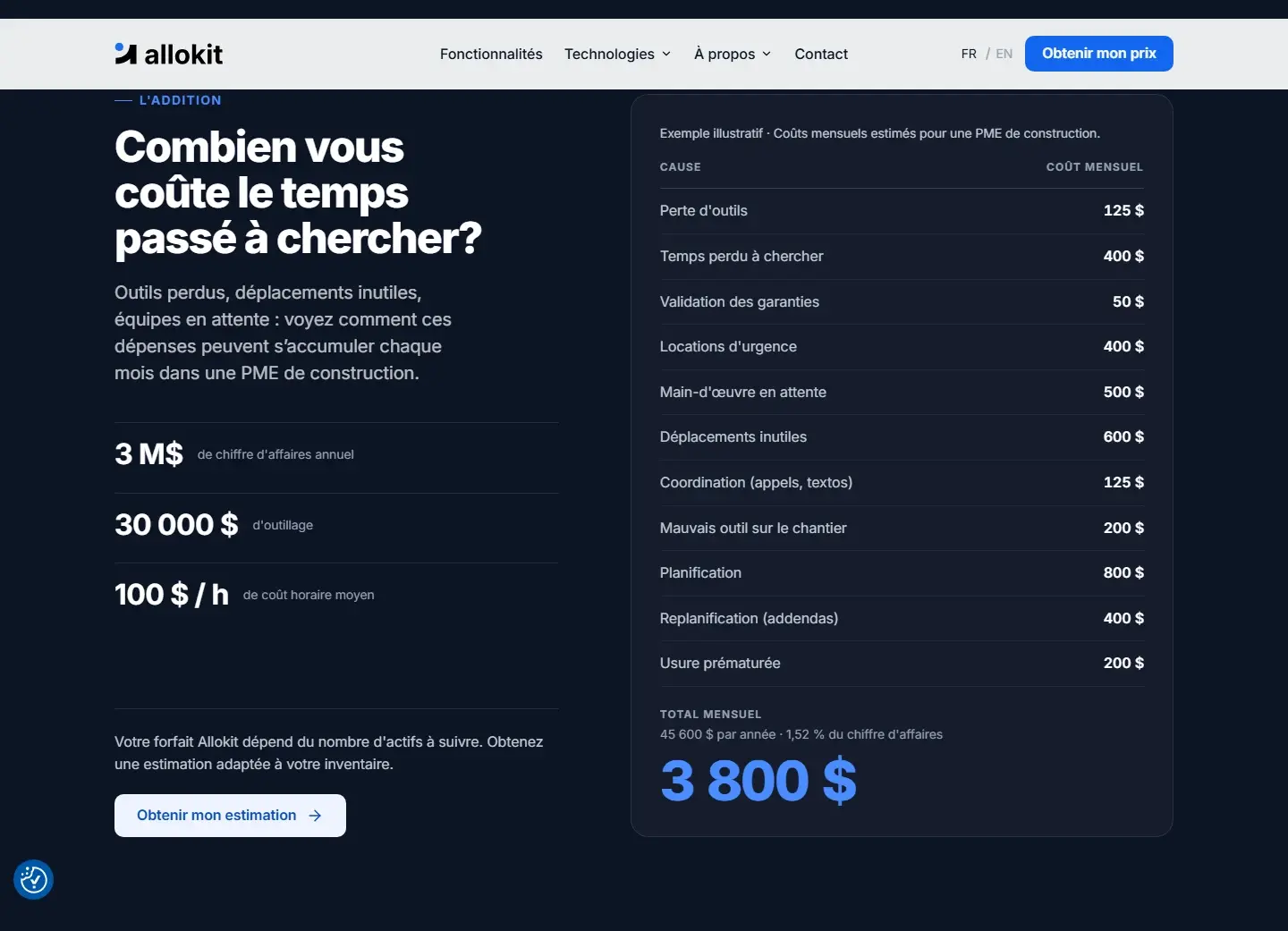 Section du site Allokit présentant les hypothèses et le détail d’un exemple de coûts mensuels en construction