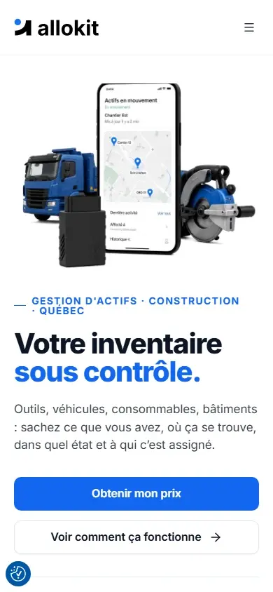 Accueil du site Allokit sur téléphone, avec le bouton Obtenir mon prix