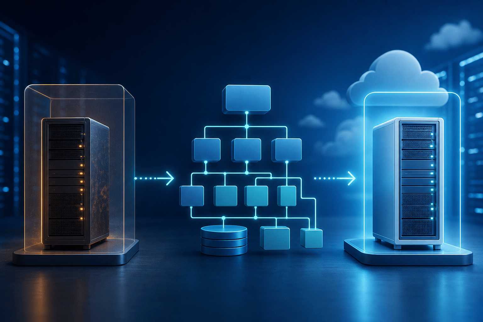 Schéma en trois dimensions montrant un serveur isolé, une infrastructure décrite en blocs et un nouveau serveur propre