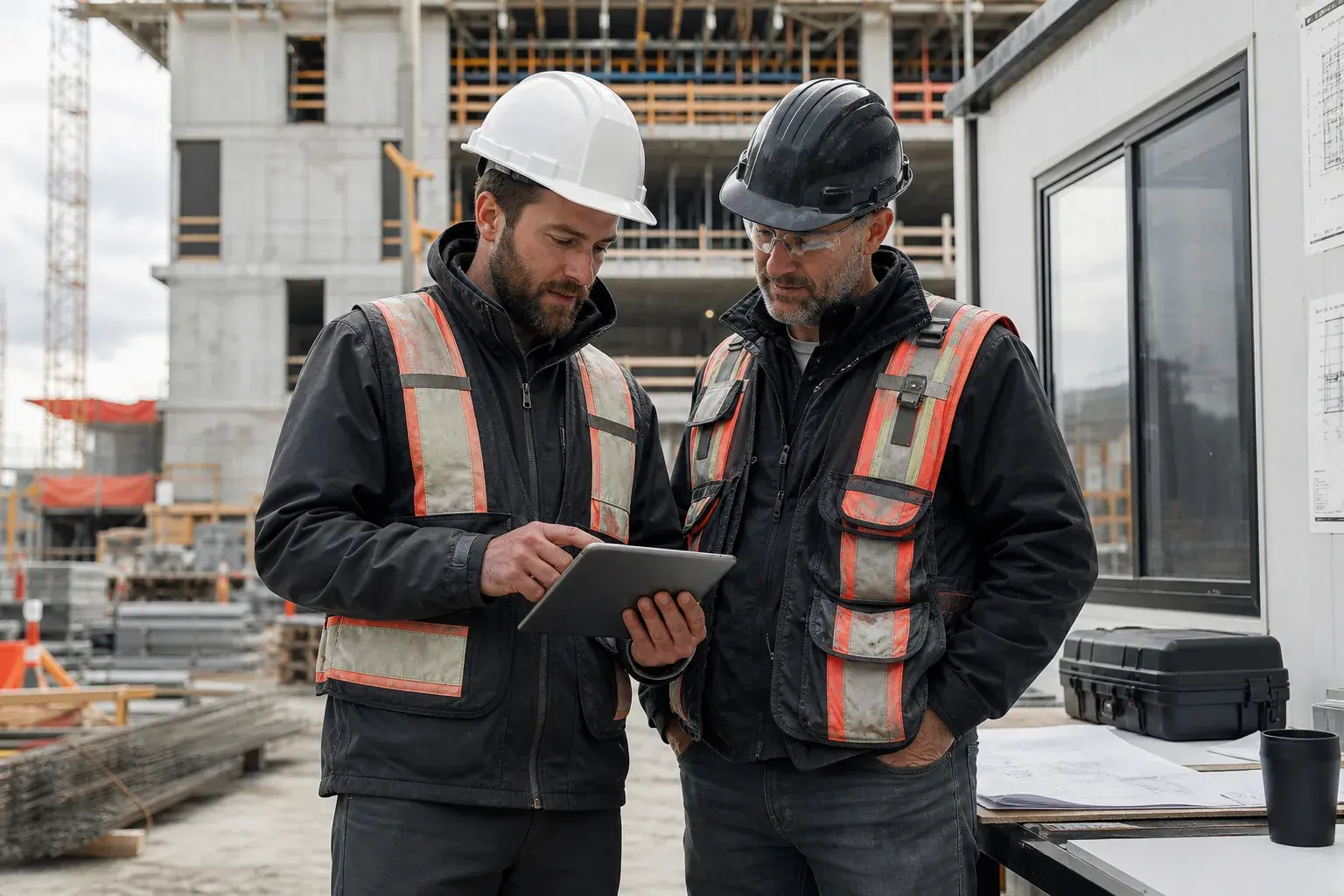 Entrepreneurs consultant un outil numérique sur un chantier québécois