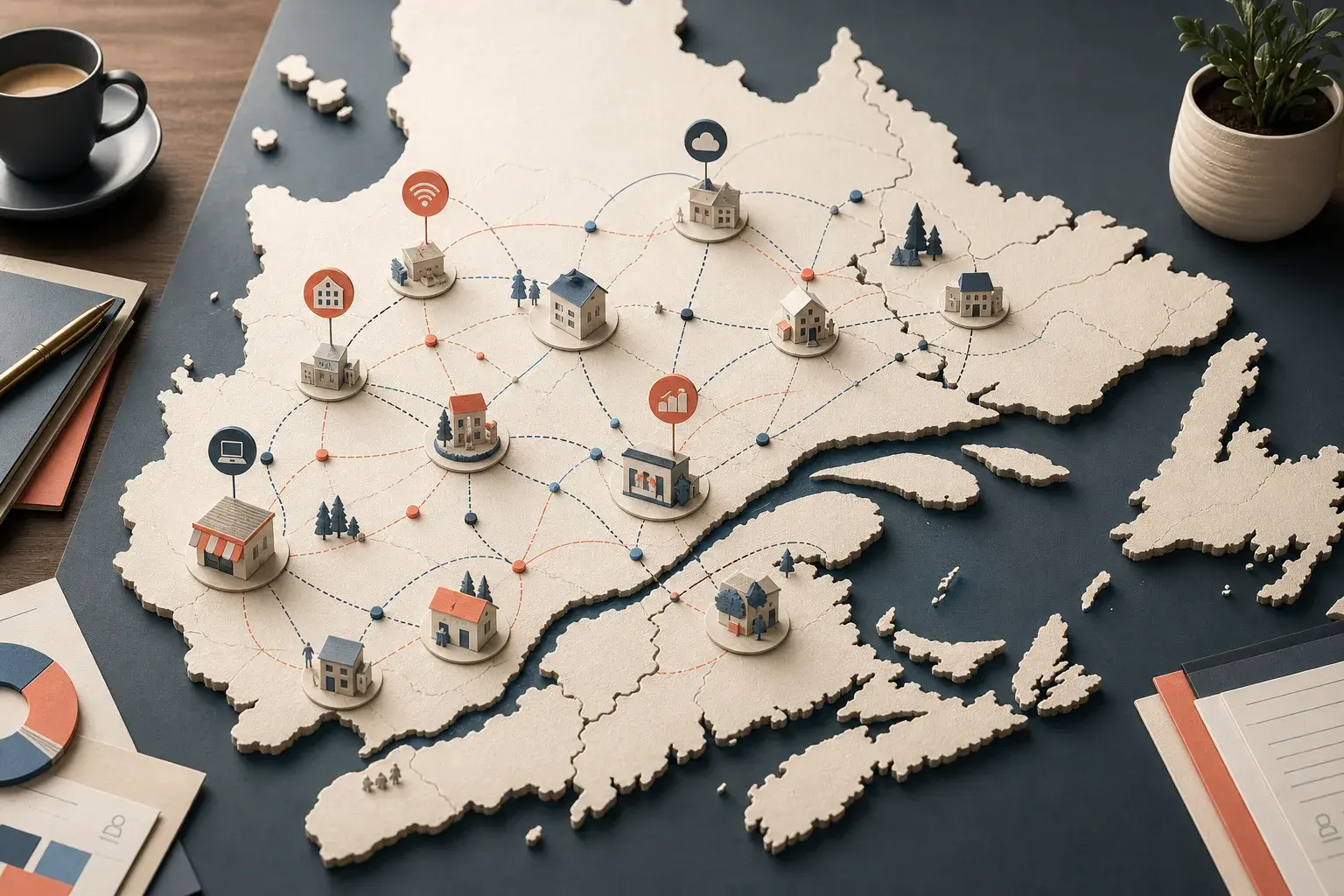 Carte du Québec reliant des organismes régionaux et des entreprises numériques