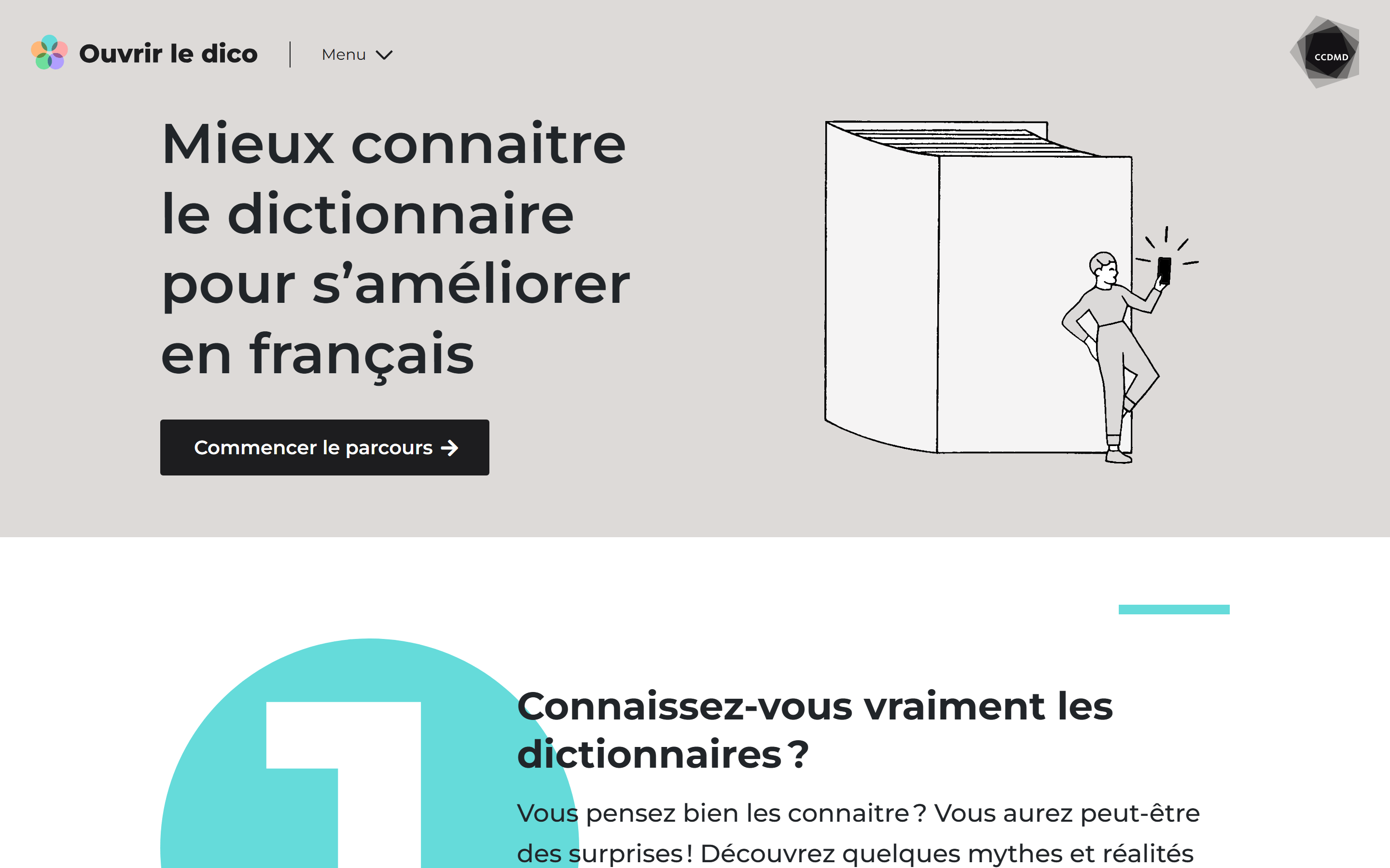 Page d'accueil du site Ouvrir le dico : « Mieux connaitre le dictionnaire pour s'améliorer en français » et bouton Commencer le parcours