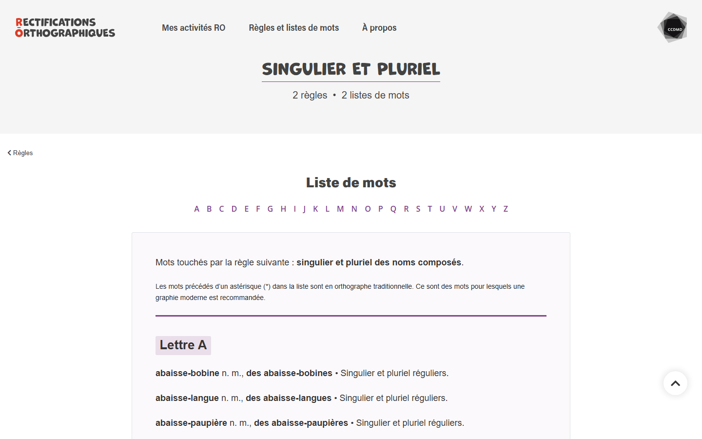 Liste alphabétique des noms composés touchés par les rectifications orthographiques du singulier et du pluriel