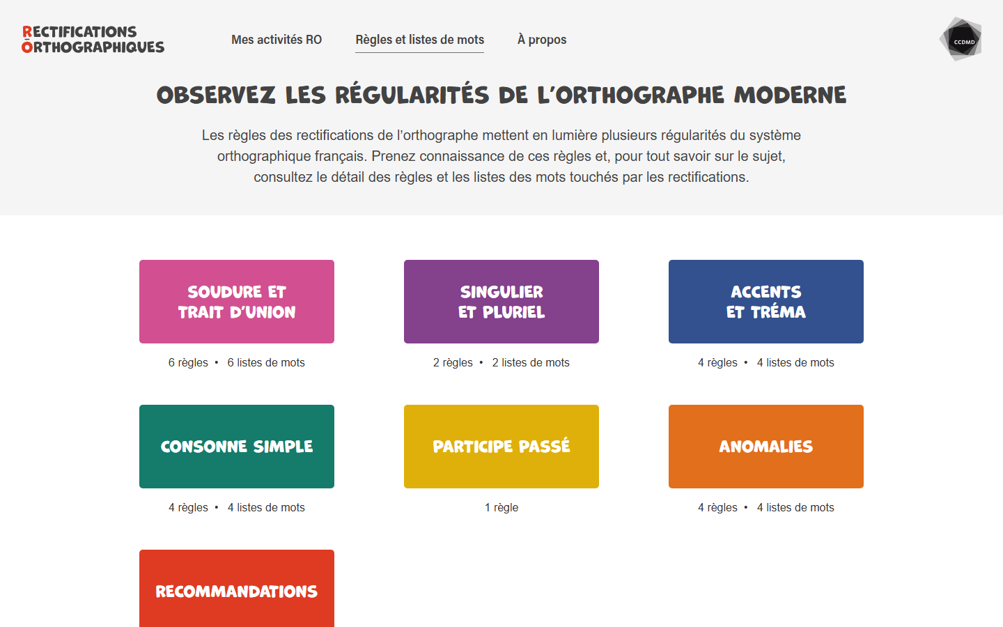Vue des catégories de règles et des listes de mots de la plateforme