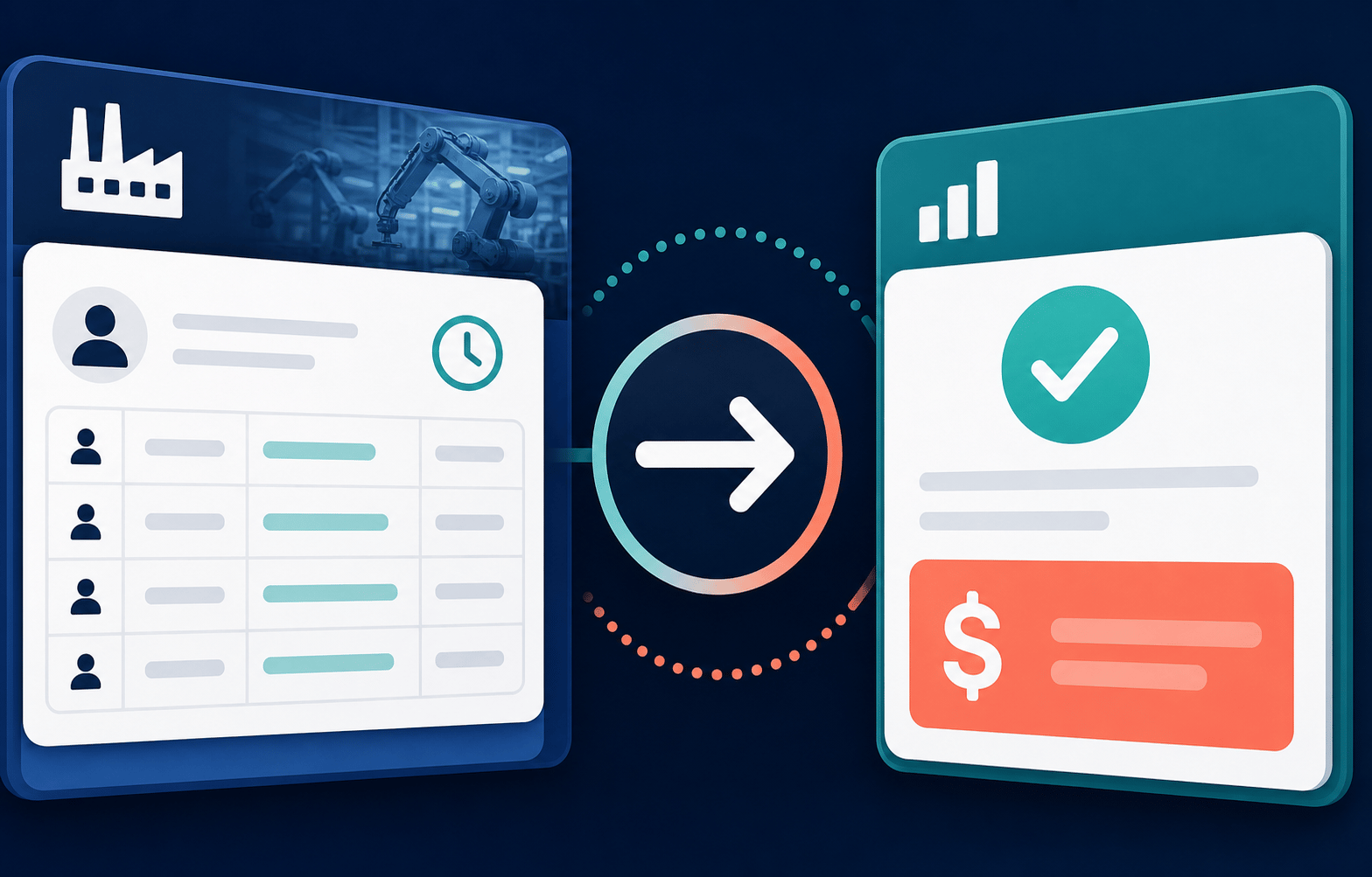 Schéma d’une automatisation qui synchronise des cartes de temps entre deux logiciels d’entreprise