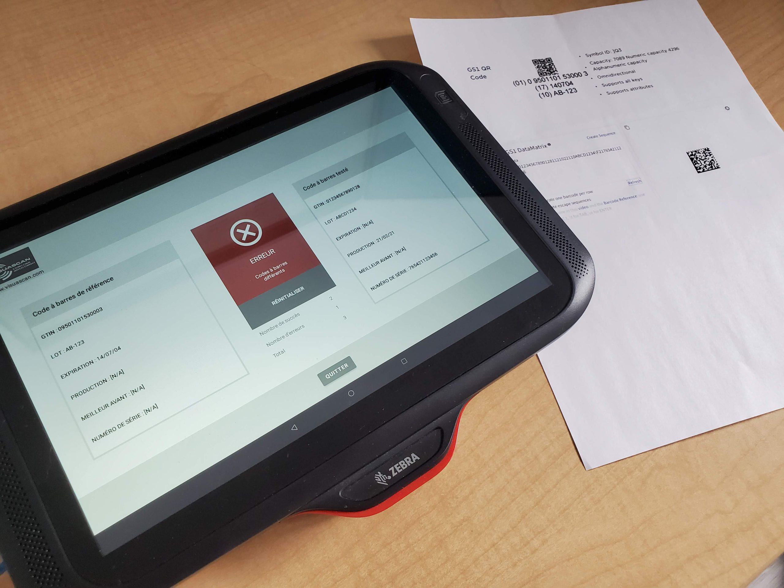 Terminal Zebra affichant une erreur rouge lorsque les codes-barres ne concordent pas