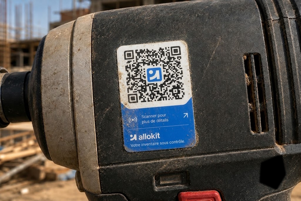 Étiquette QR Allokit collée sur un outil, sur un vrai chantier