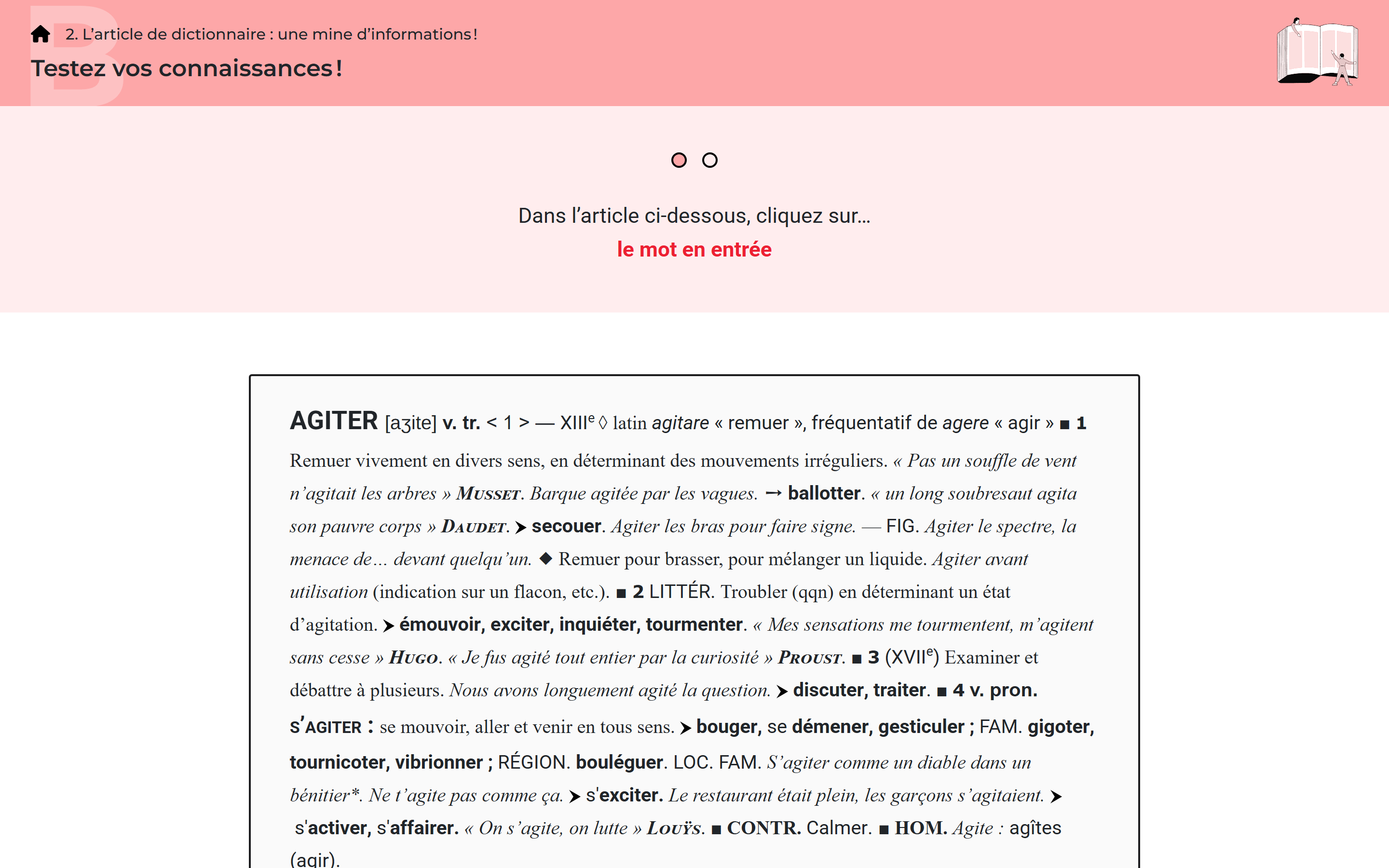 Exercice du site Ouvrir le dico : un article de dictionnaire complet dans lequel l'étudiant doit repérer un mot de sens apparenté