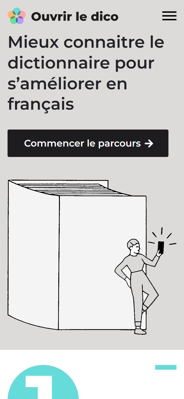 Site Ouvrir le dico sur téléphone : page d'accueil et menu