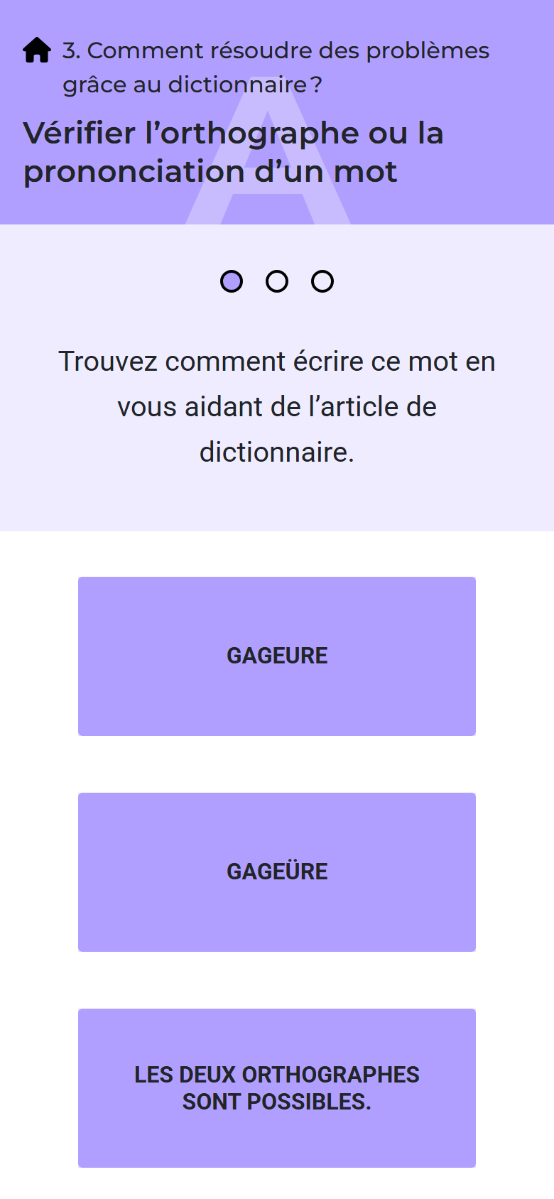 Site Ouvrir le dico sur téléphone : exercice à choix multiples empilé sur une colonne