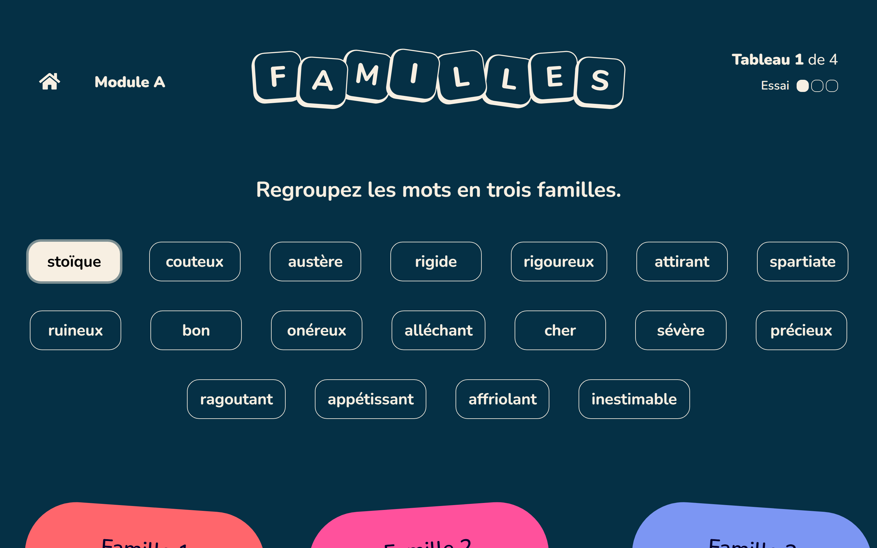 Jeu Familles : le mot « stoïque » entouré du contour de focus clavier, parmi les mots à regrouper en trois familles