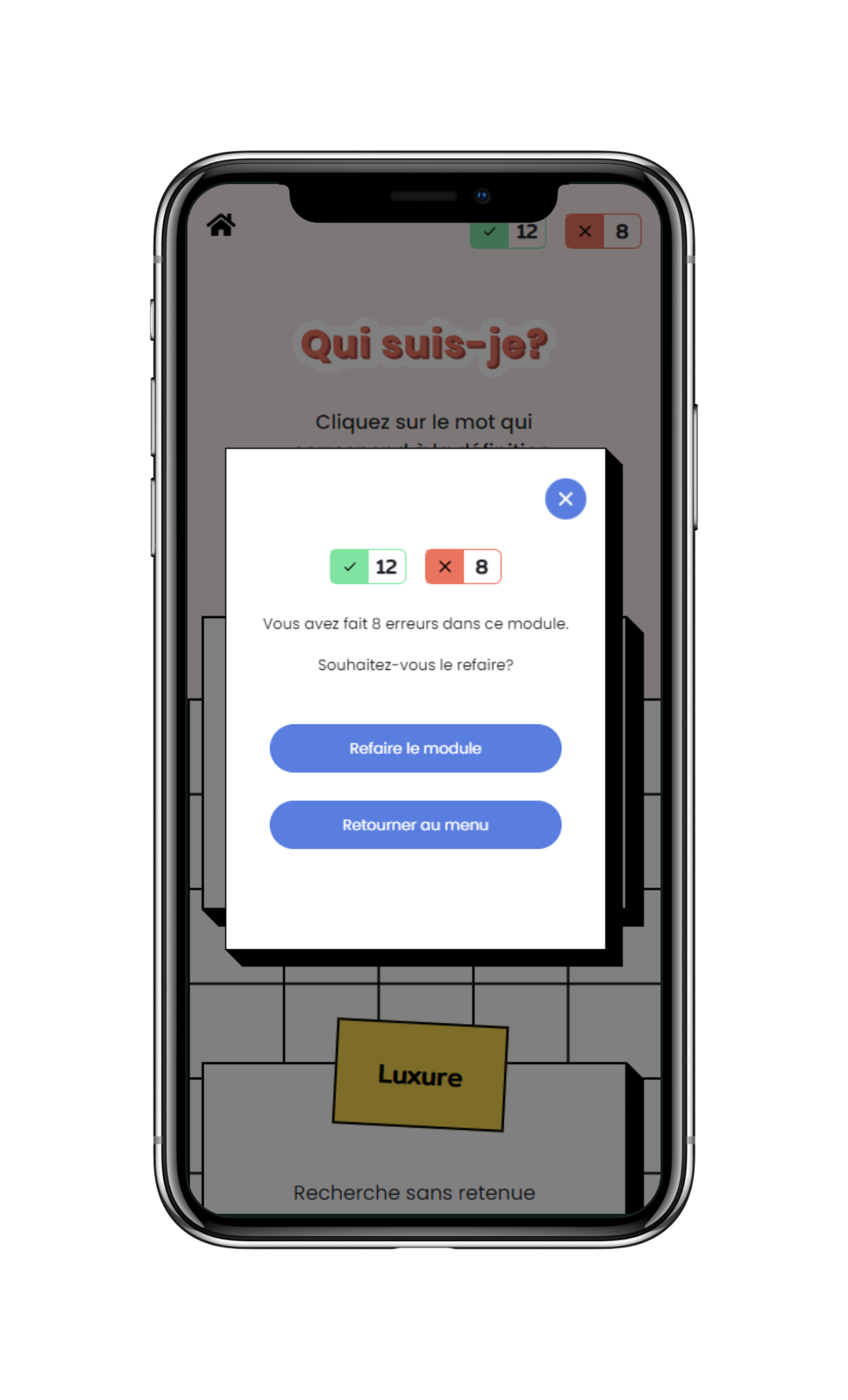 Écran mobile du jeu Qui suis-je : résultat de fin de quiz avec le score obtenu