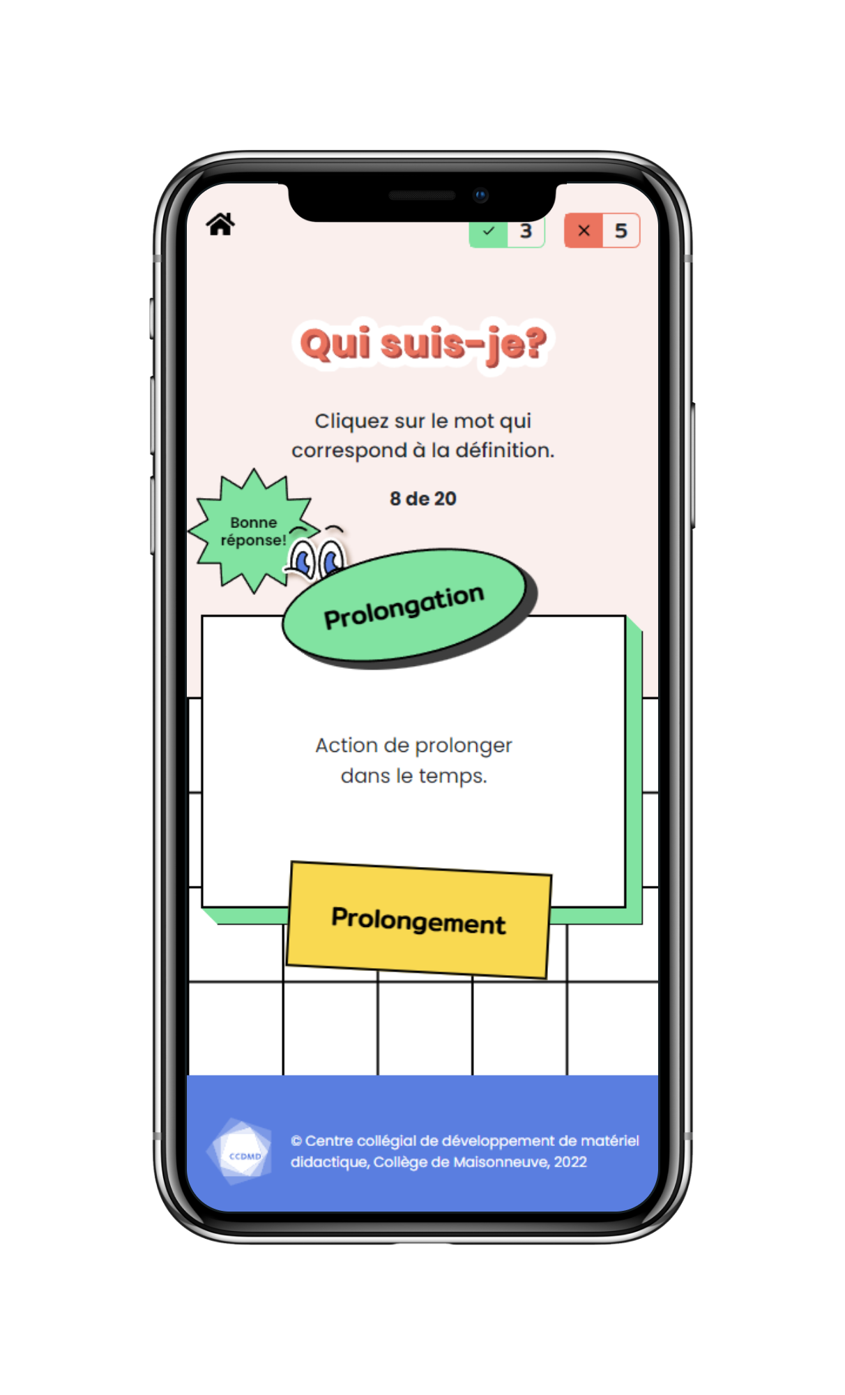 Écran mobile du jeu Qui suis-je : question avec mots à associer à la bonne définition