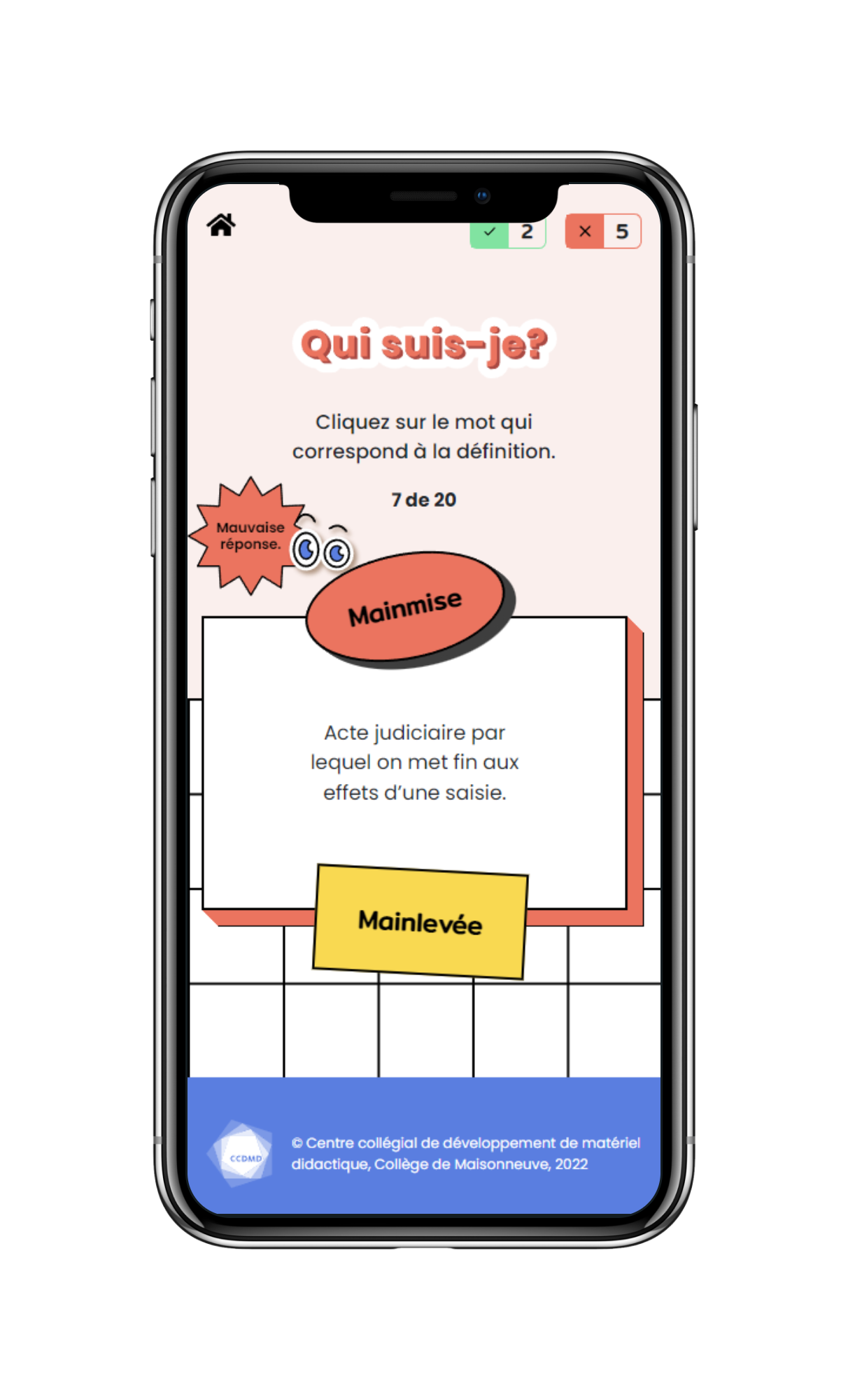 Écran mobile du jeu Qui suis-je : rétroaction après une bonne réponse