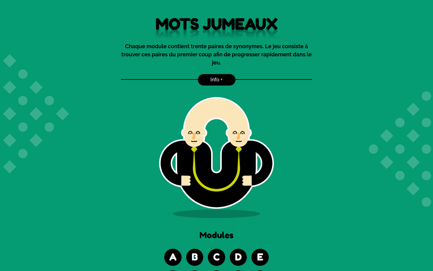 Jeu Mots jumeaux : trouver des paires de synonymes, avec sa mascotte à deux têtes sur fond vert