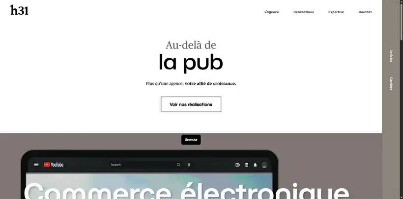 Défilement animé du nouveau site de l'agence H31 : hero « Au-delà de la pub » et sections en mouvement