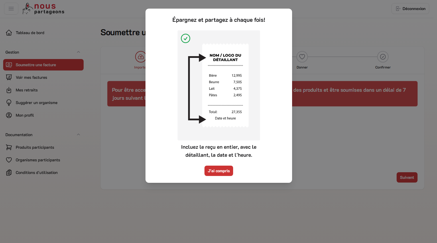 Fenêtre de conseils expliquant comment photographier une facture complète