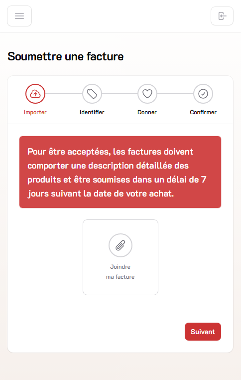 Téléversement d'une facture dans la plateforme Nous Partageons sur mobile