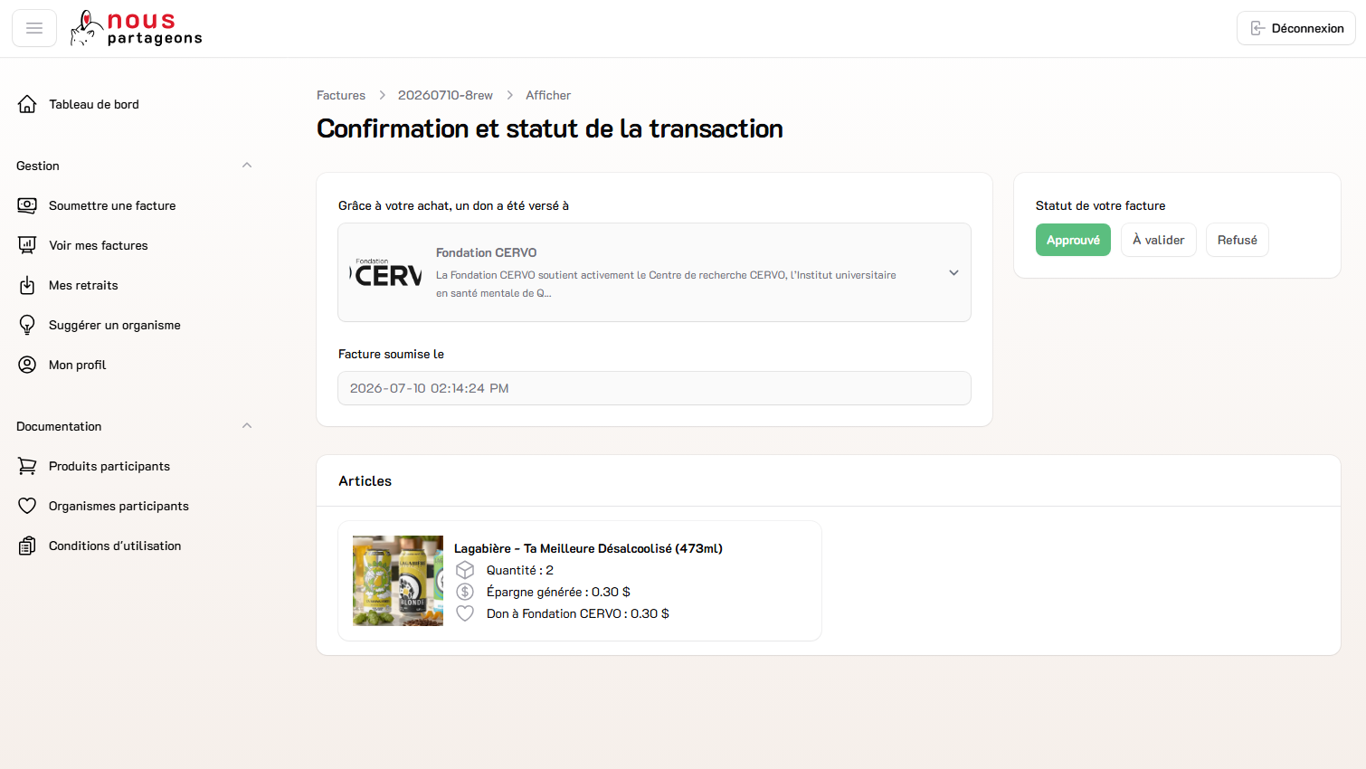 Détail d'une transaction avec le statut de la facture et l'organisme soutenu