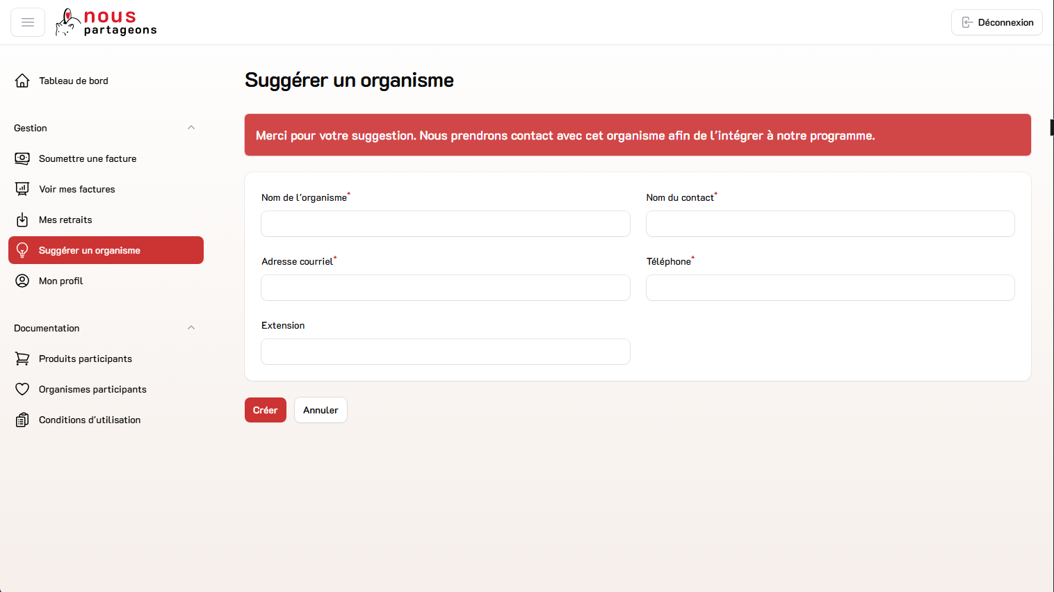 Formulaire permettant de suggérer un organisme communautaire