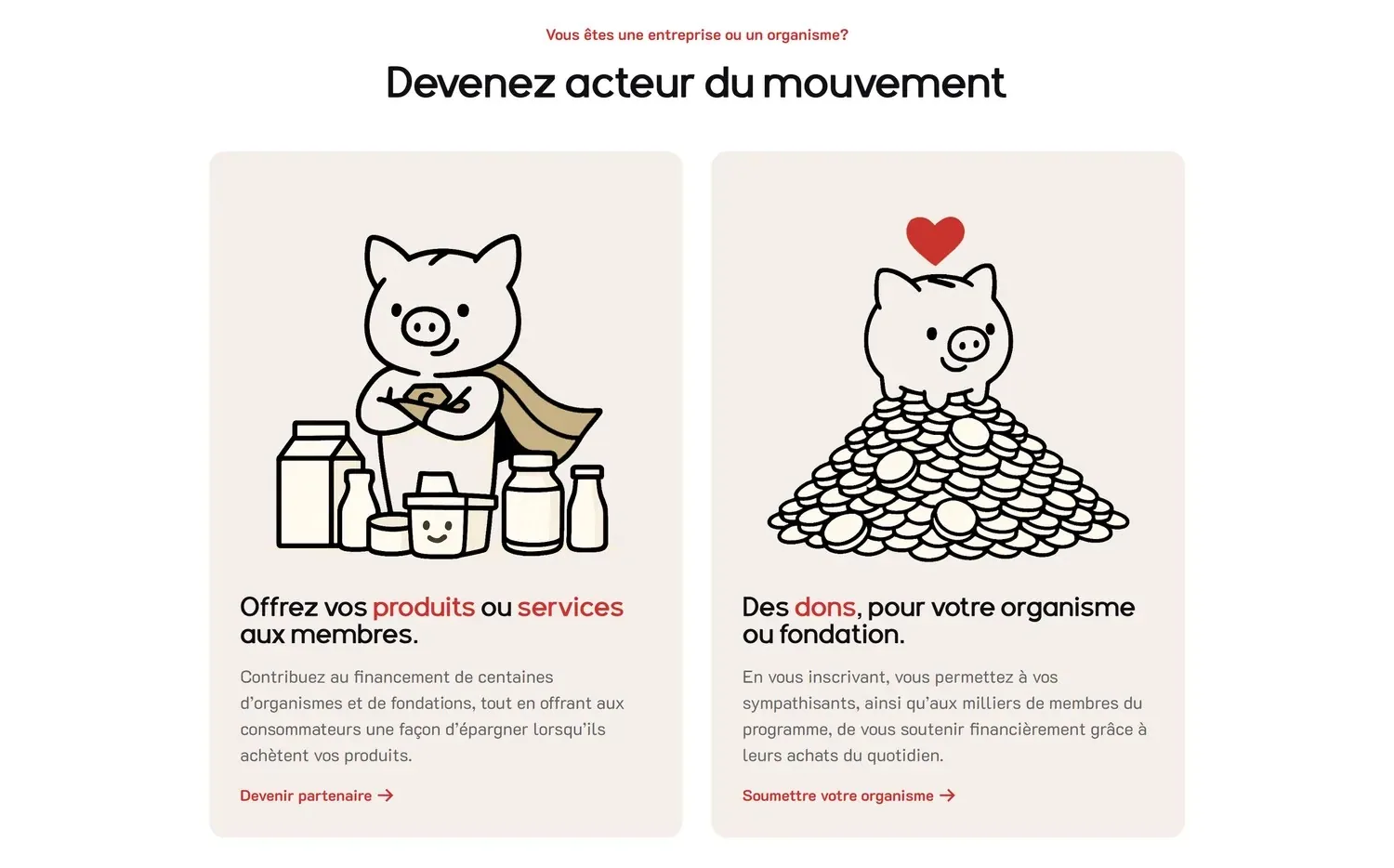 Section « Devenez acteur du mouvement » du site Nous Partageons : offrir ses produits ou faire des dons pour son organisme