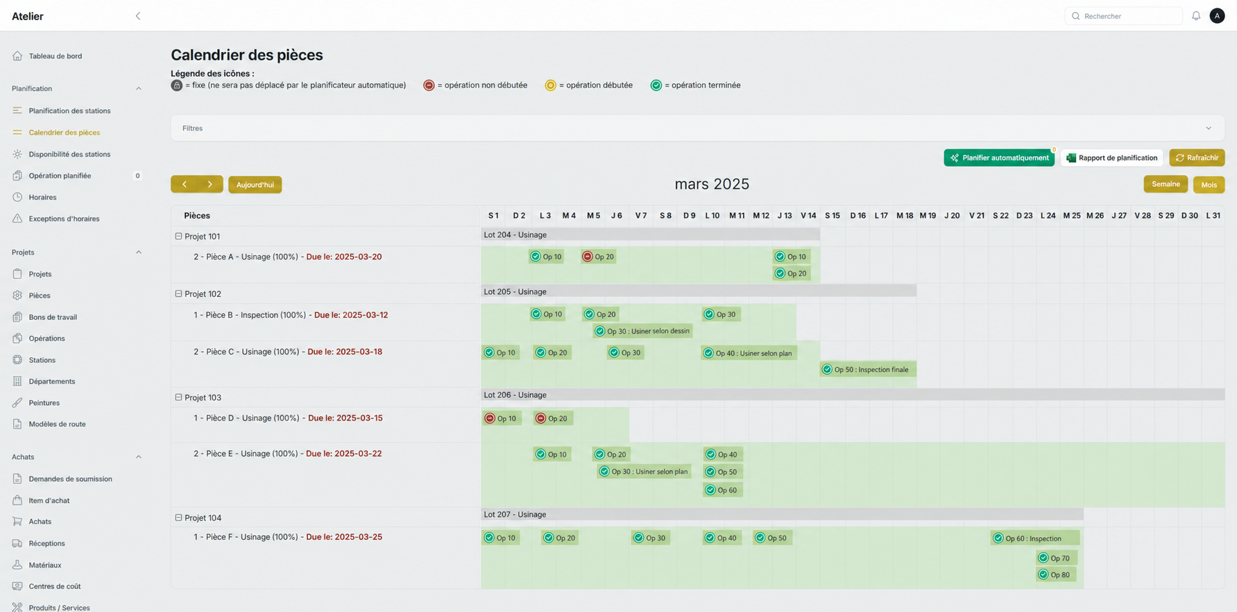 Calendrier anonymisé des pièces et de leurs opérations