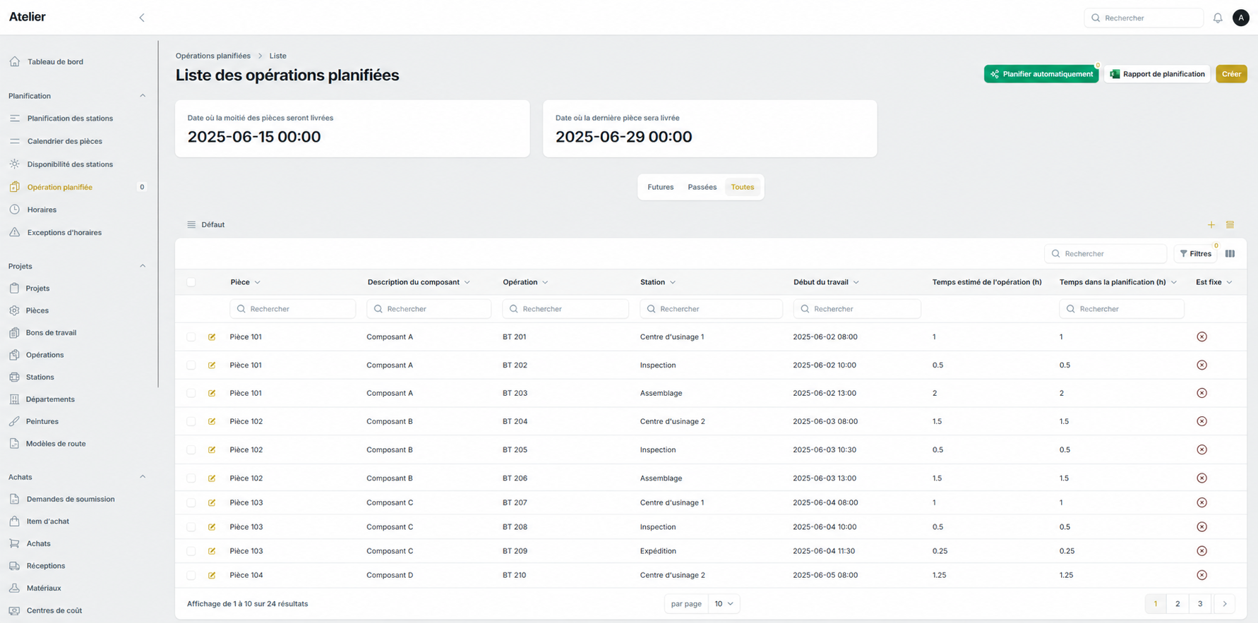 Liste anonymisée des opérations planifiées par l’ERP d’usinage