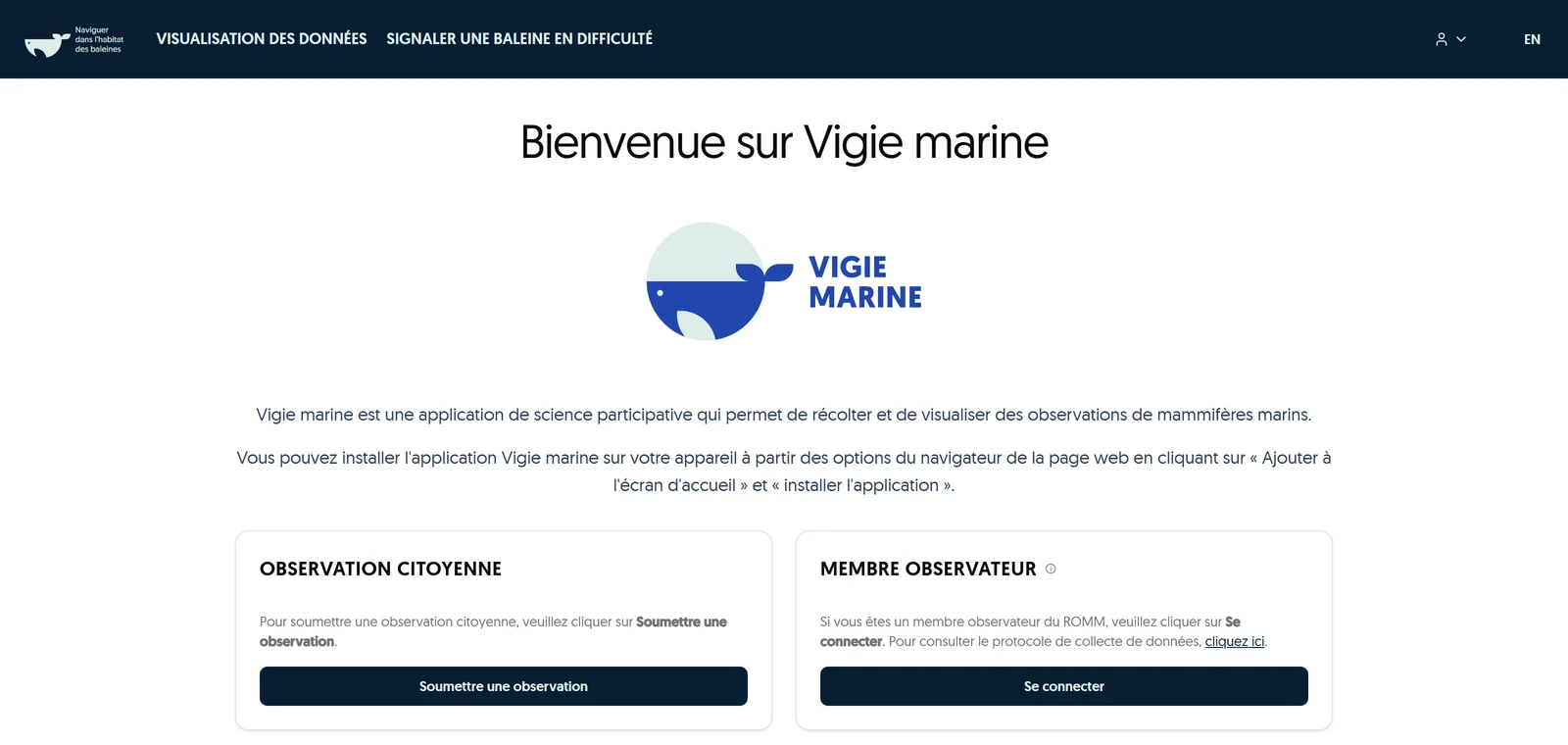 Accueil de Vigie marine avec ses deux portes d'entrée : observation citoyenne et connexion des membres observateurs du ROMM