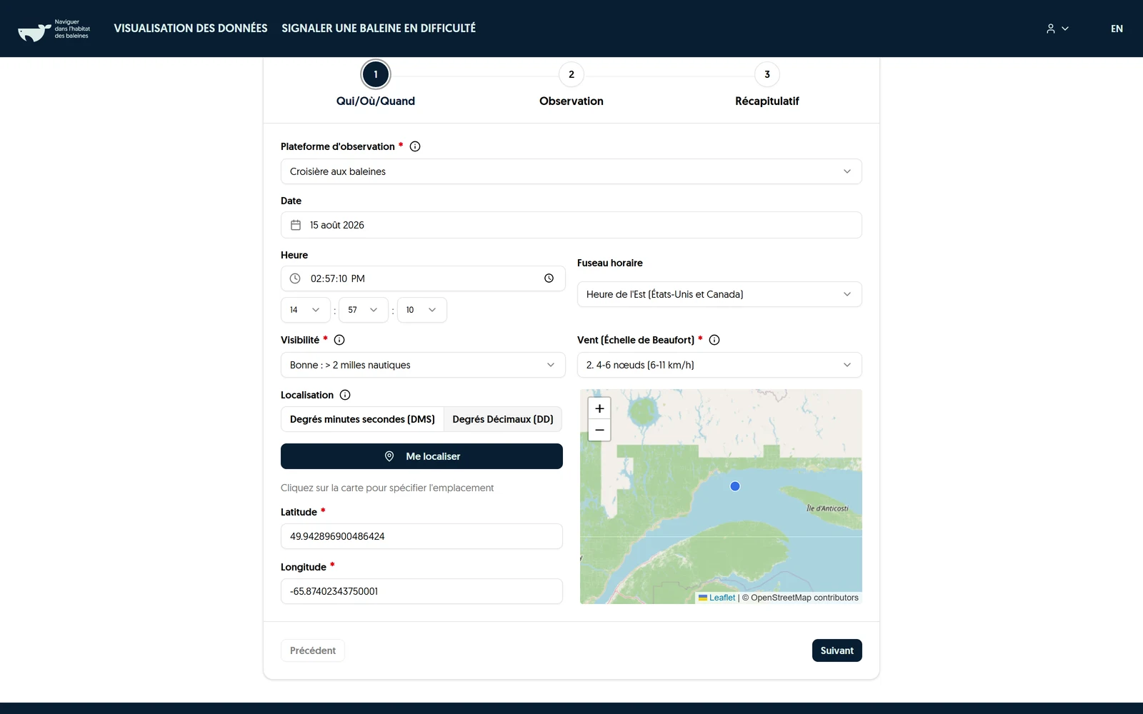 Première étape du formulaire de Vigie marine : plateforme d'observation, date, visibilité, échelle de Beaufort et sélection de la position sur une carte Leaflet