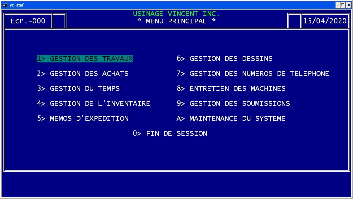 Menu principal de l'ancien ERP DOS d'Usinage Vincent, en texte sur fond bleu